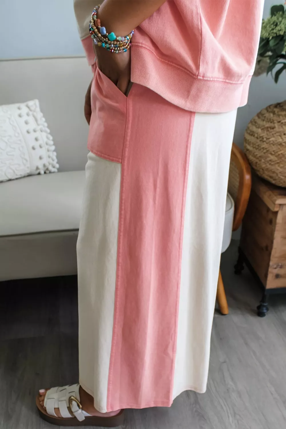 Two-tone Color Block Patchwork Tee Drawstring Loose Pant Set, image 3