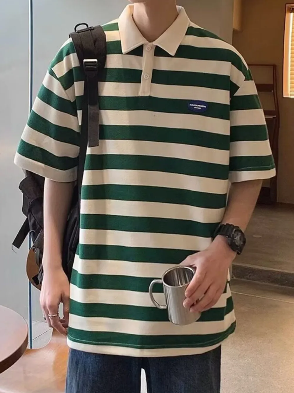 Men's Plus Size Striped Short Sleeve Oversized Polo, image 5