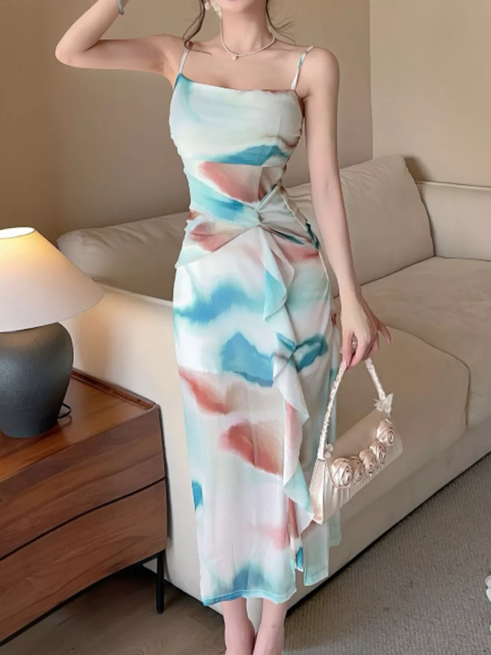 Abstract Watercolor Print Ruched Midi Dress, image 4