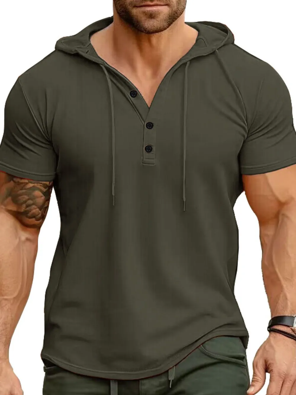Men's Full Size Casual Hooded Henley T-Shirt Plus Size