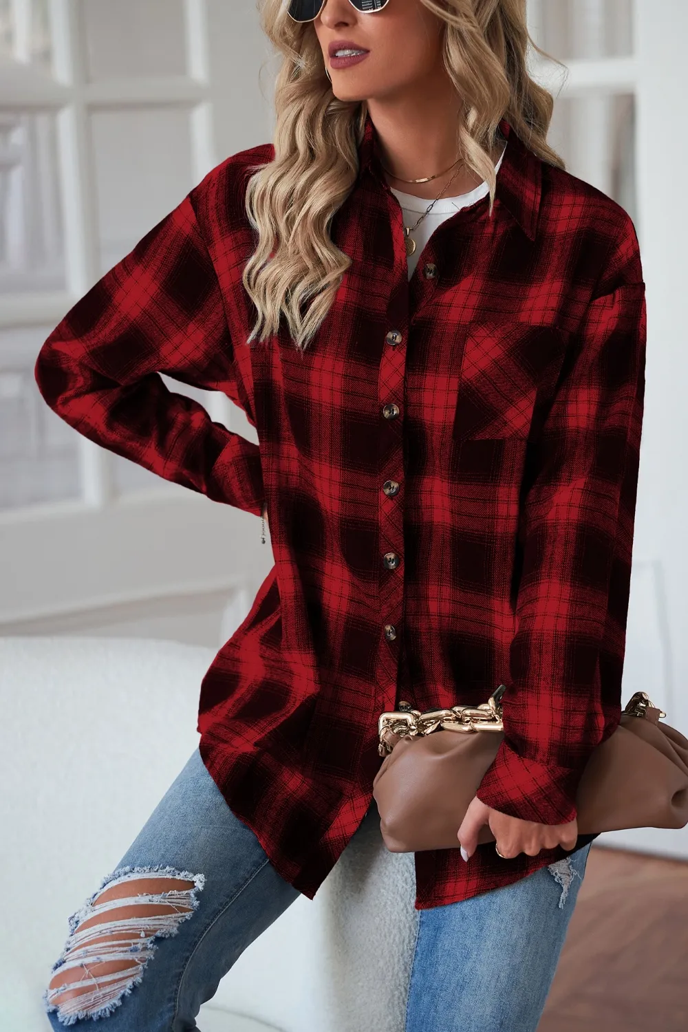 Plaid Button Up Dropped Shoulder Outerwear, image 2