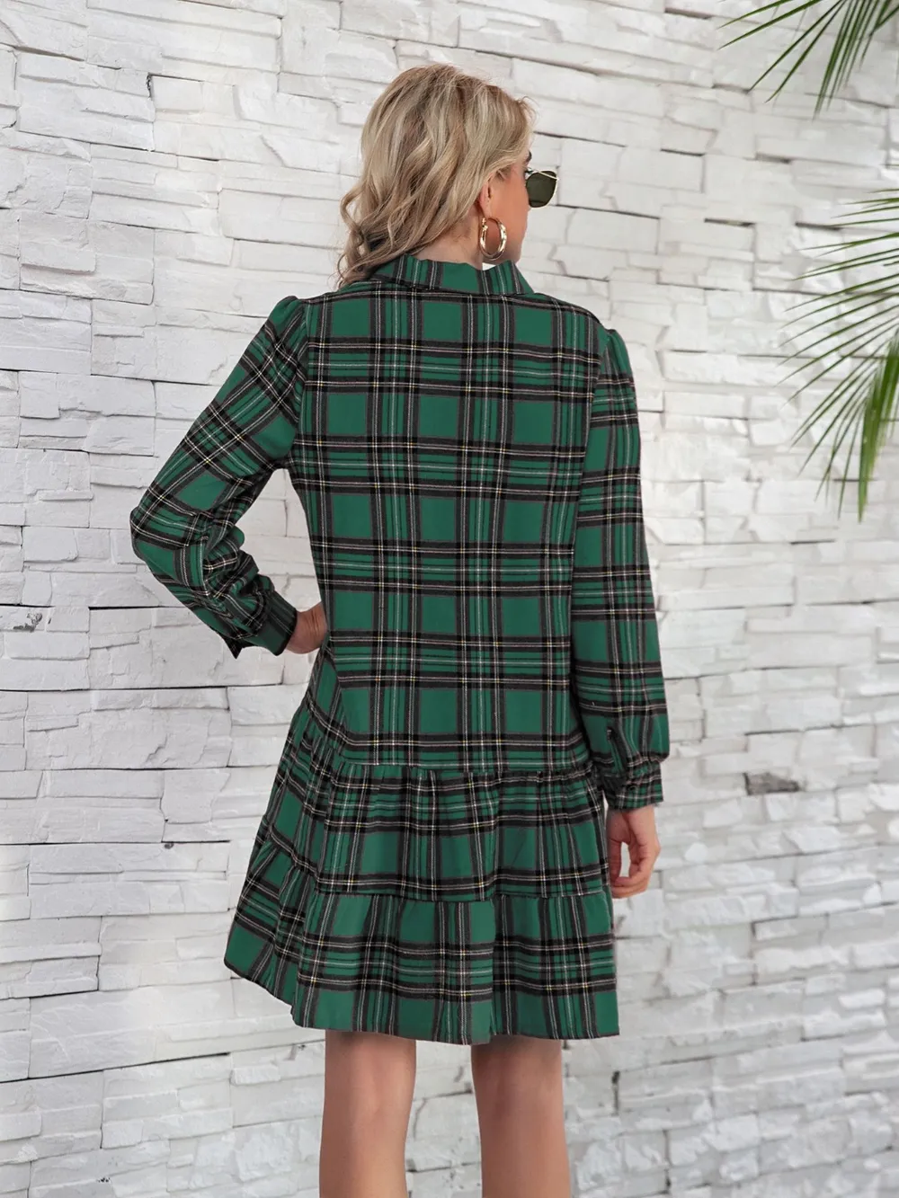 Ruffle Hem Plaid Button Down Long Sleeve Dress, image 16