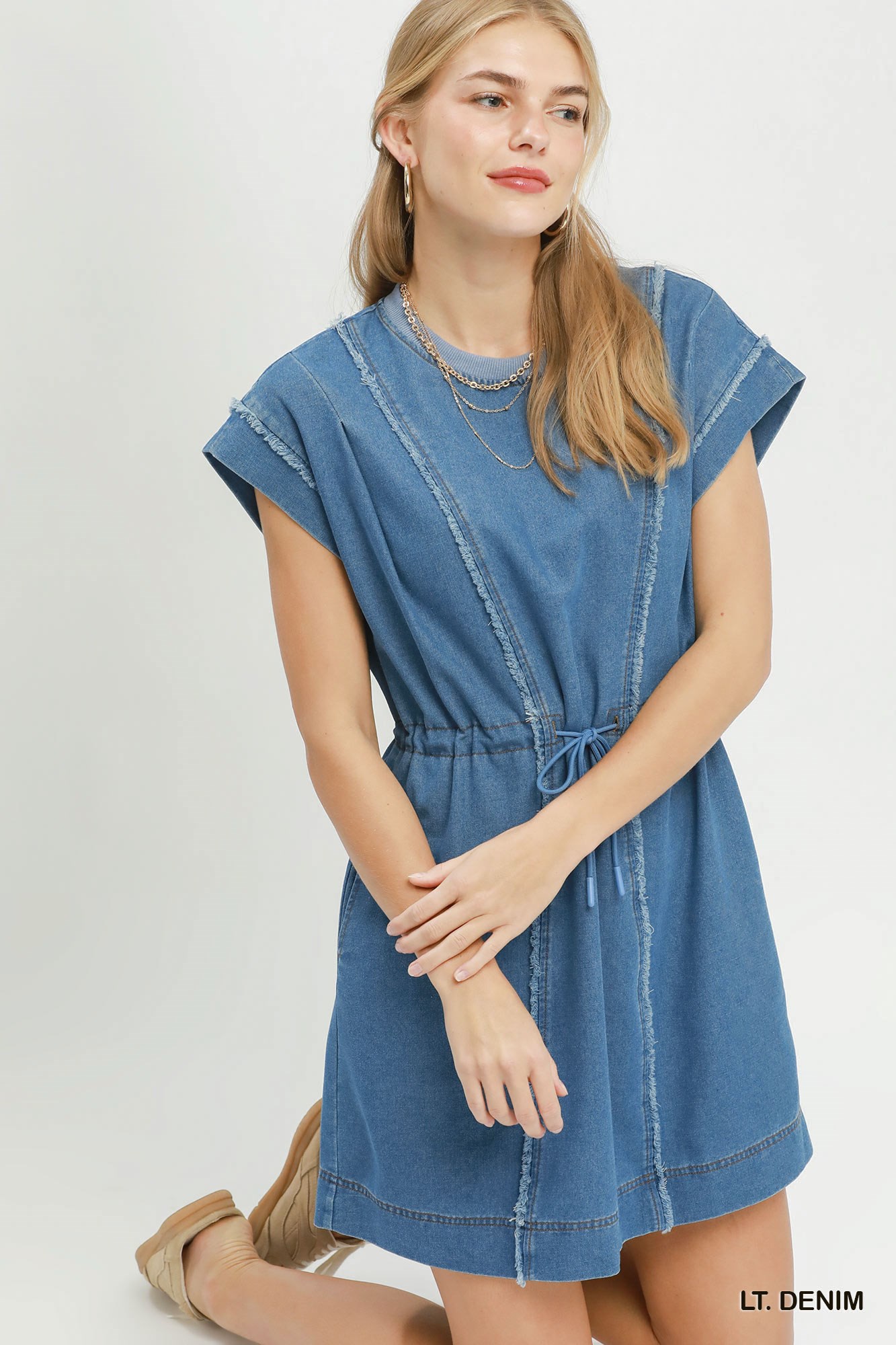 Drawstring Waist Frayed Denim Mini Dress, image 5