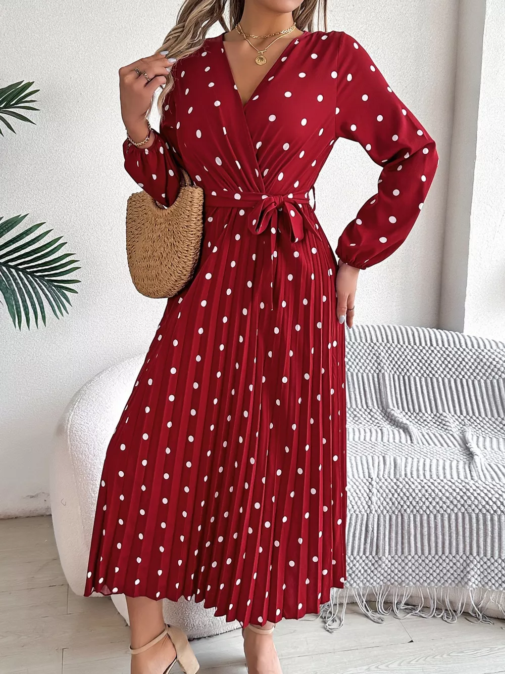 Front Tie Polka Dot Midi Pleated Dress, image 20