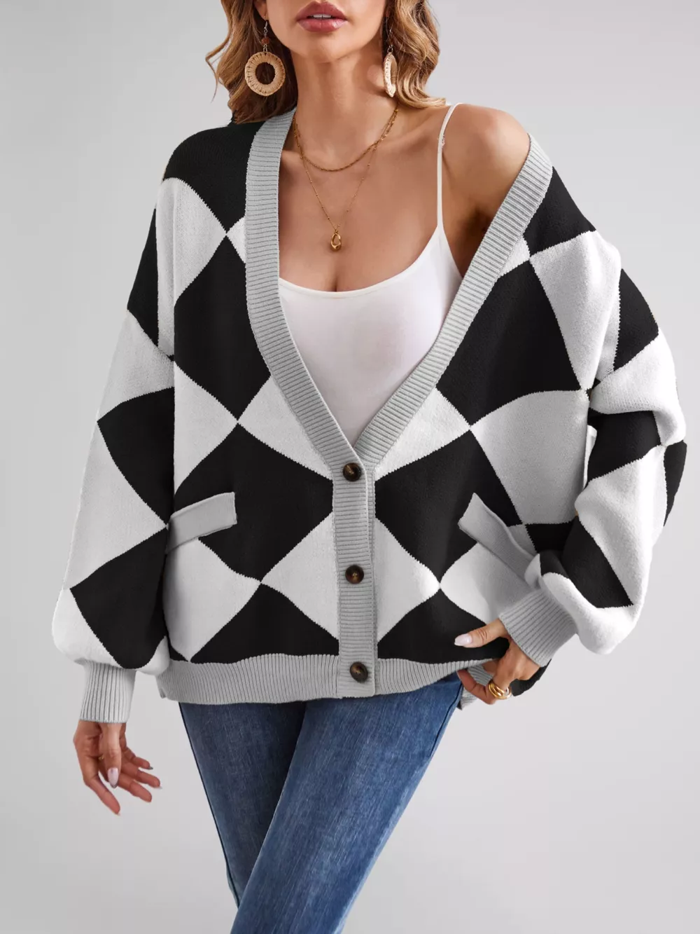 Diamond Pattern Button-Up Knit Cardigan