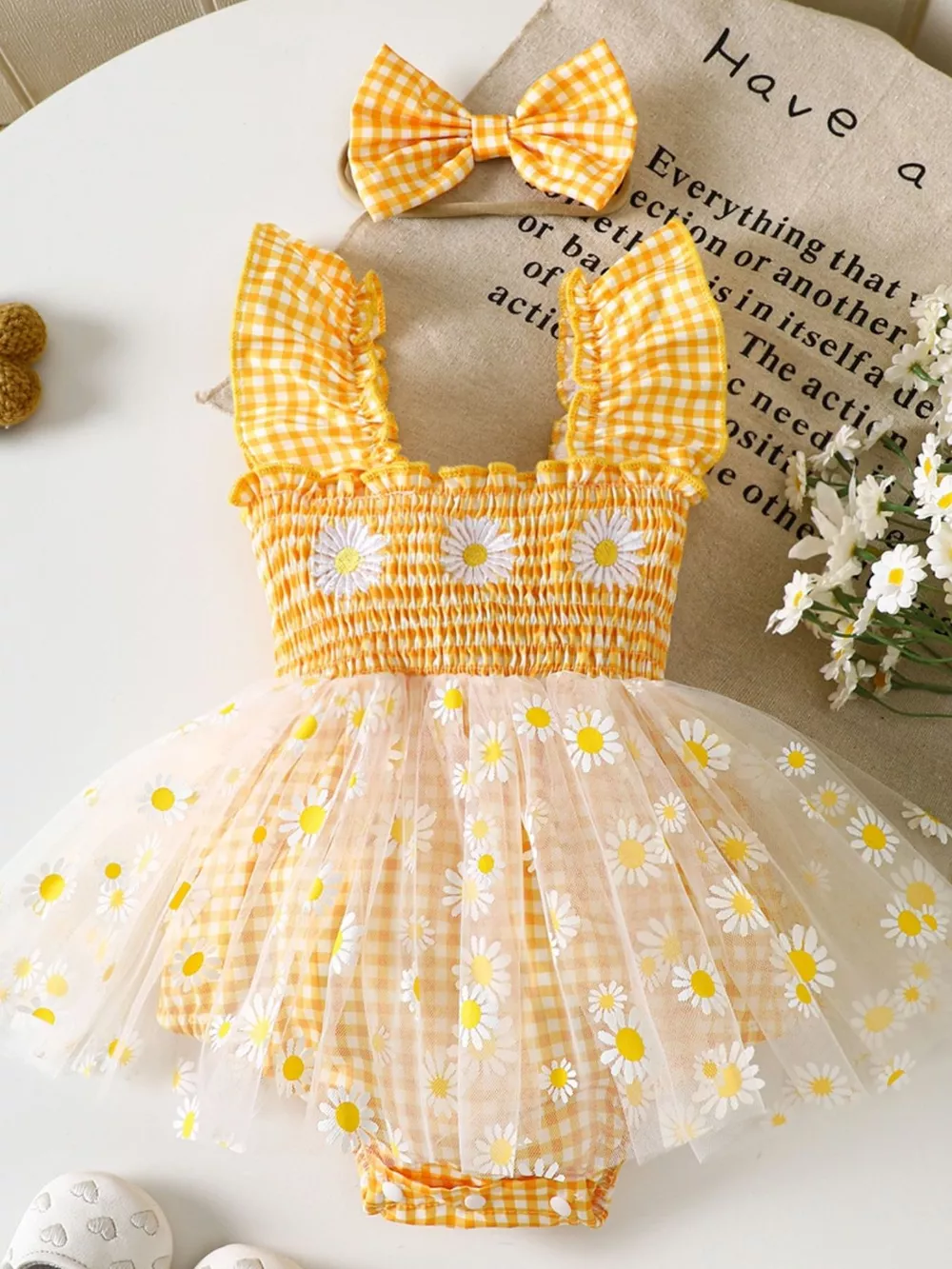 Children's Daisy Gingham Ruffle One-Piece with Headband