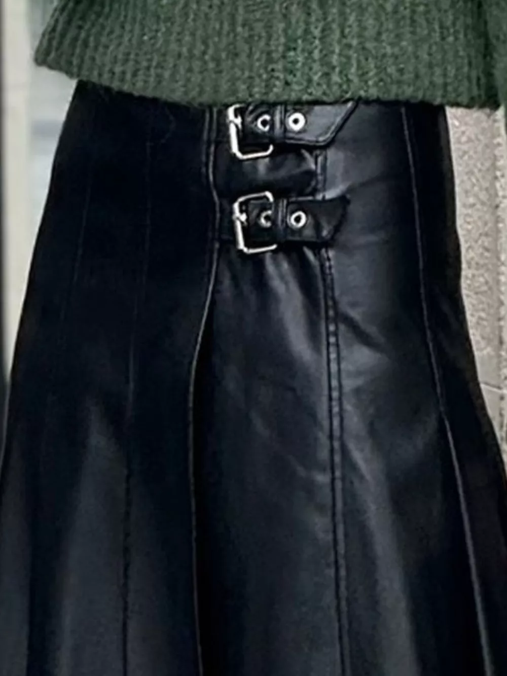 Buckle Detail Faux Leather Midi Skirt, image 2