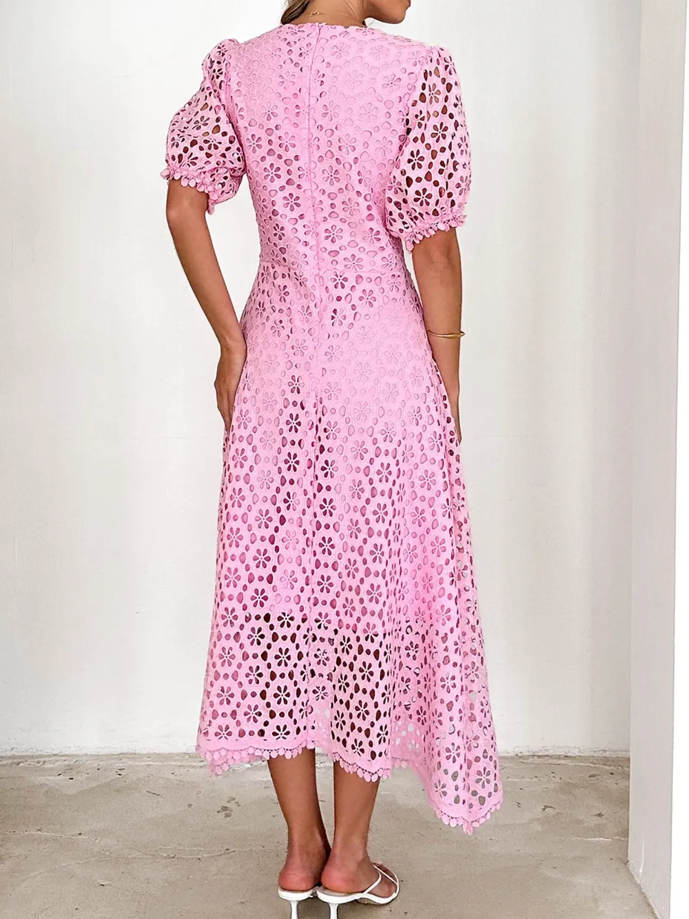 Eyelet Lace V-Neck Midi Dress with Puff Sleeves, image 11