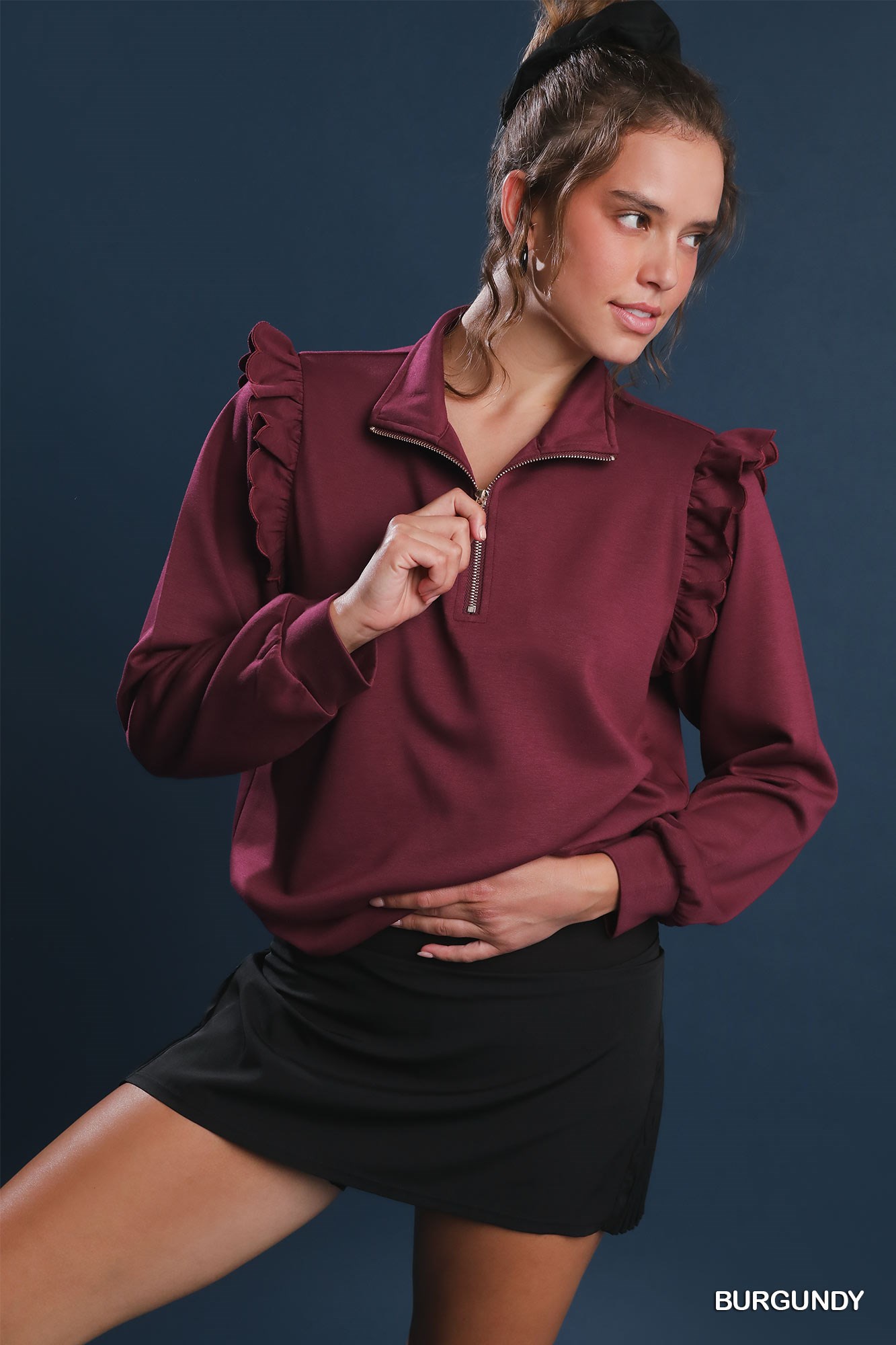 Luxeknit Ruffle Shoulder Quarter-Zip Sweatshirt, image 2