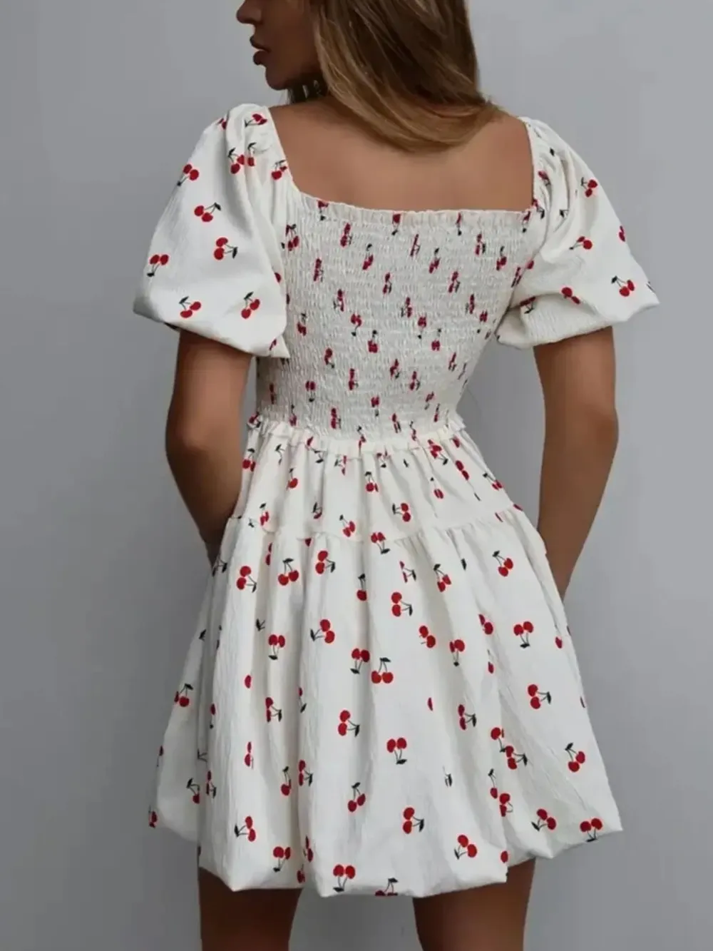 Puff Sleeve Cherry Print Smocked Mini Dress, image 2