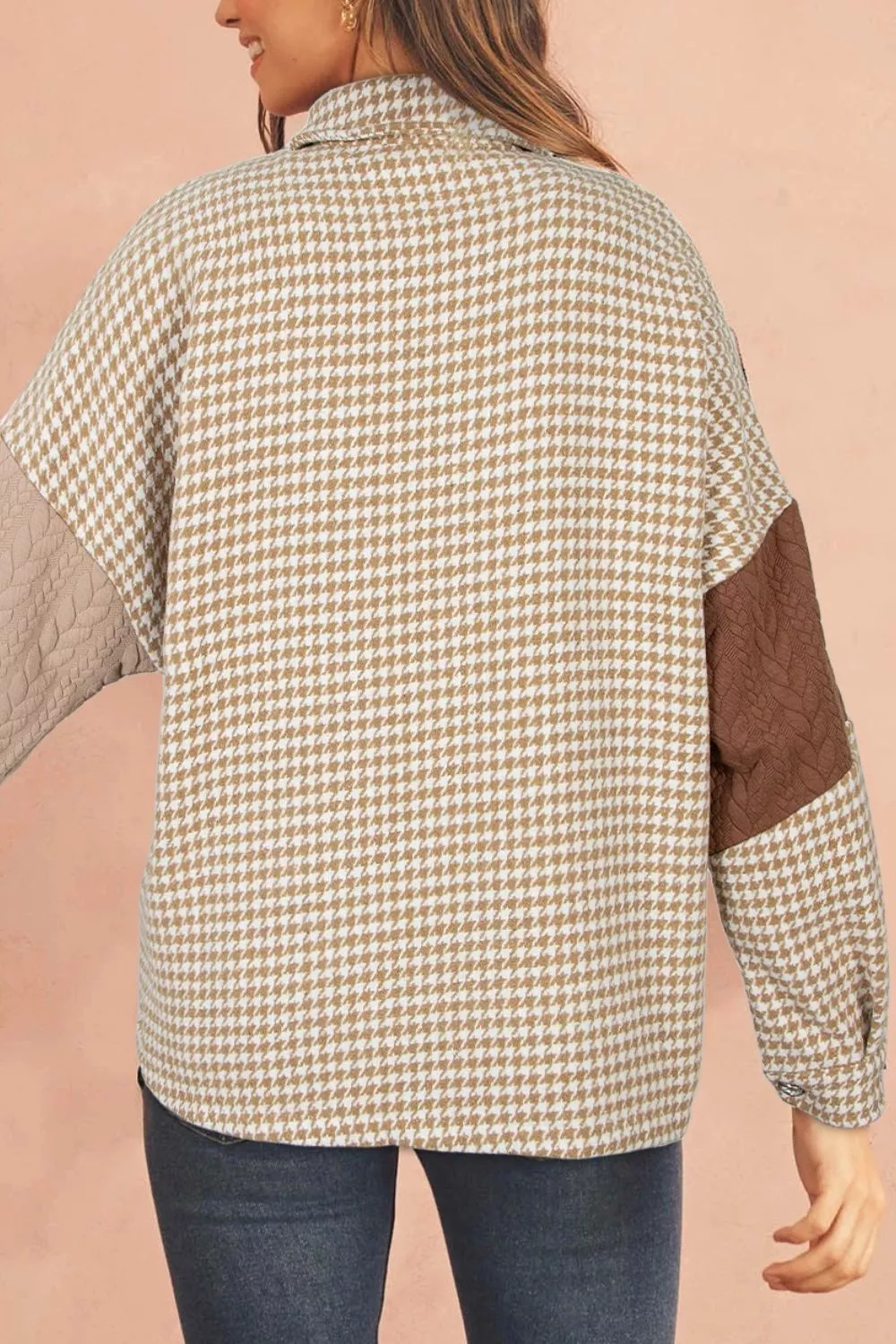 Button Down Houndstooth Color Block Shacket, image 11