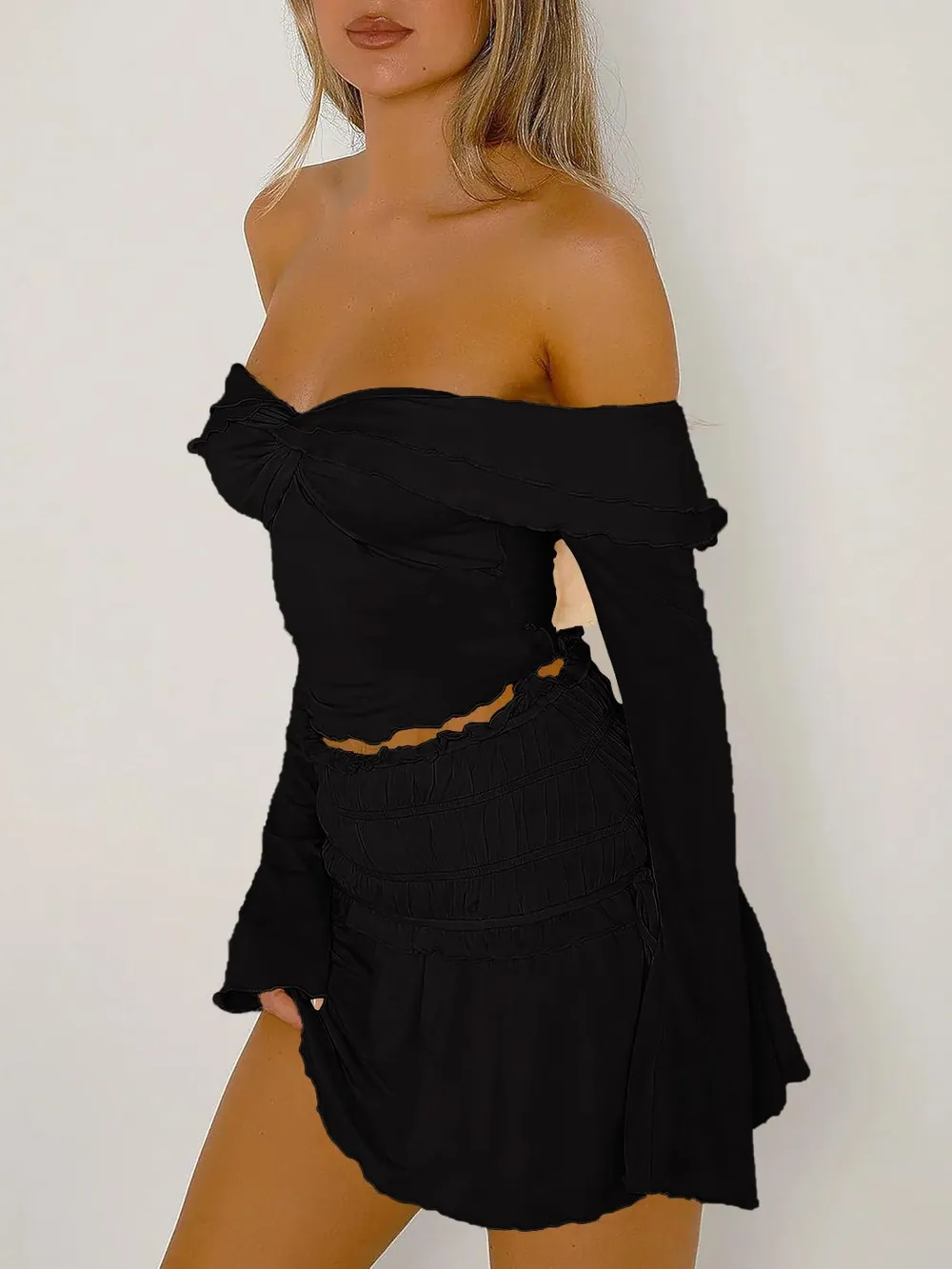 Twisted Ruffled Off-Shoulder Long Sleeve T-Shirt, image 5