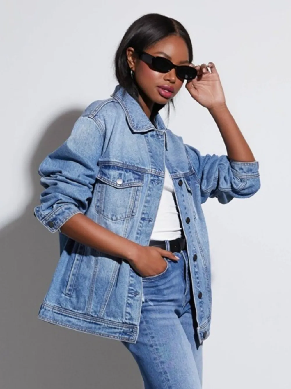 Button Up Collared Neck Denim Jacket, image 5