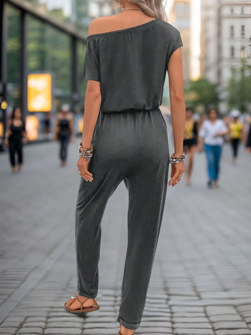Single Shoulder Short Sleeve Jumpsuit, image 3
