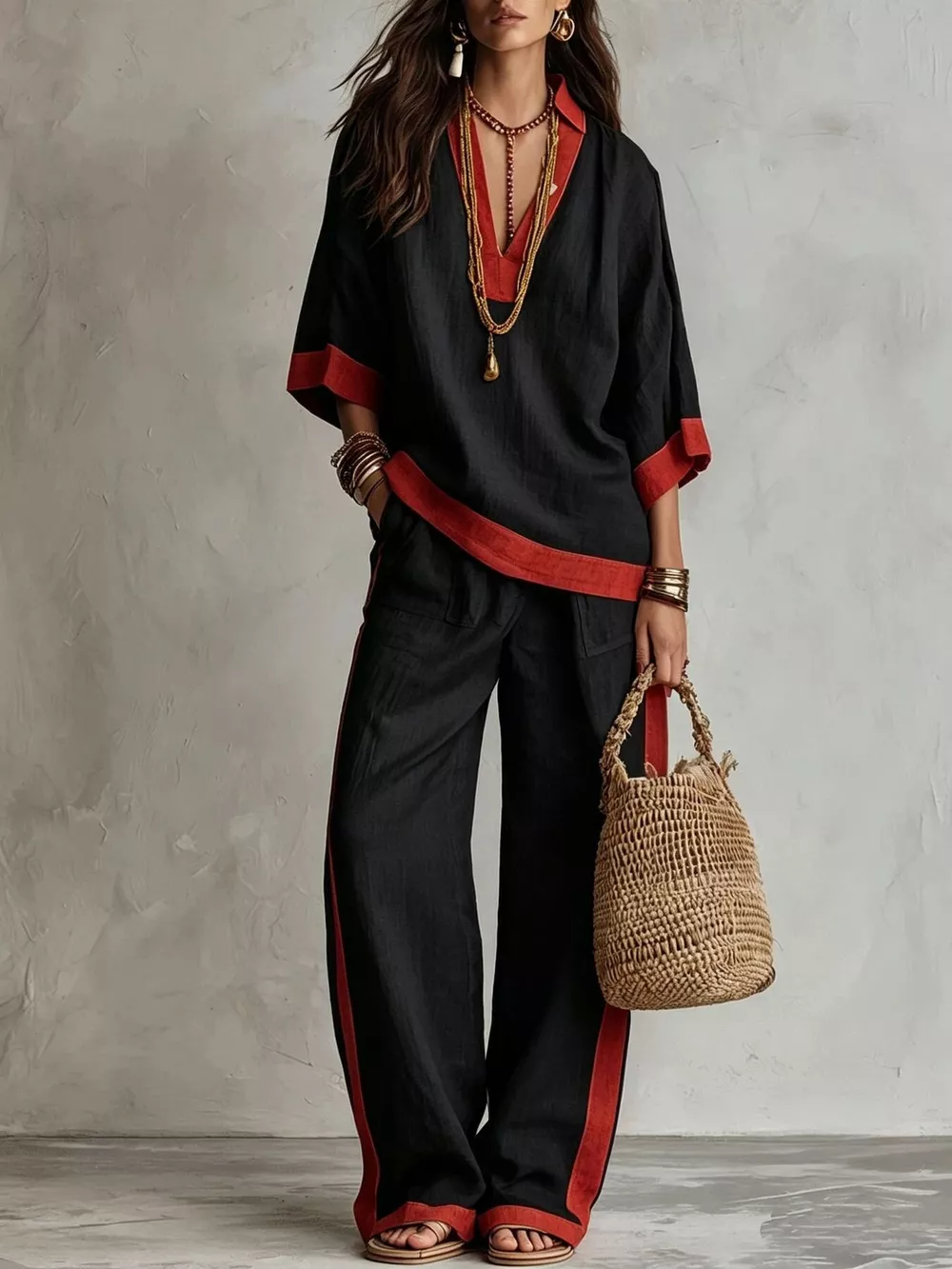 Full Size Contrast Trim Top and Wide Leg Pants Set Plus Size, image 13