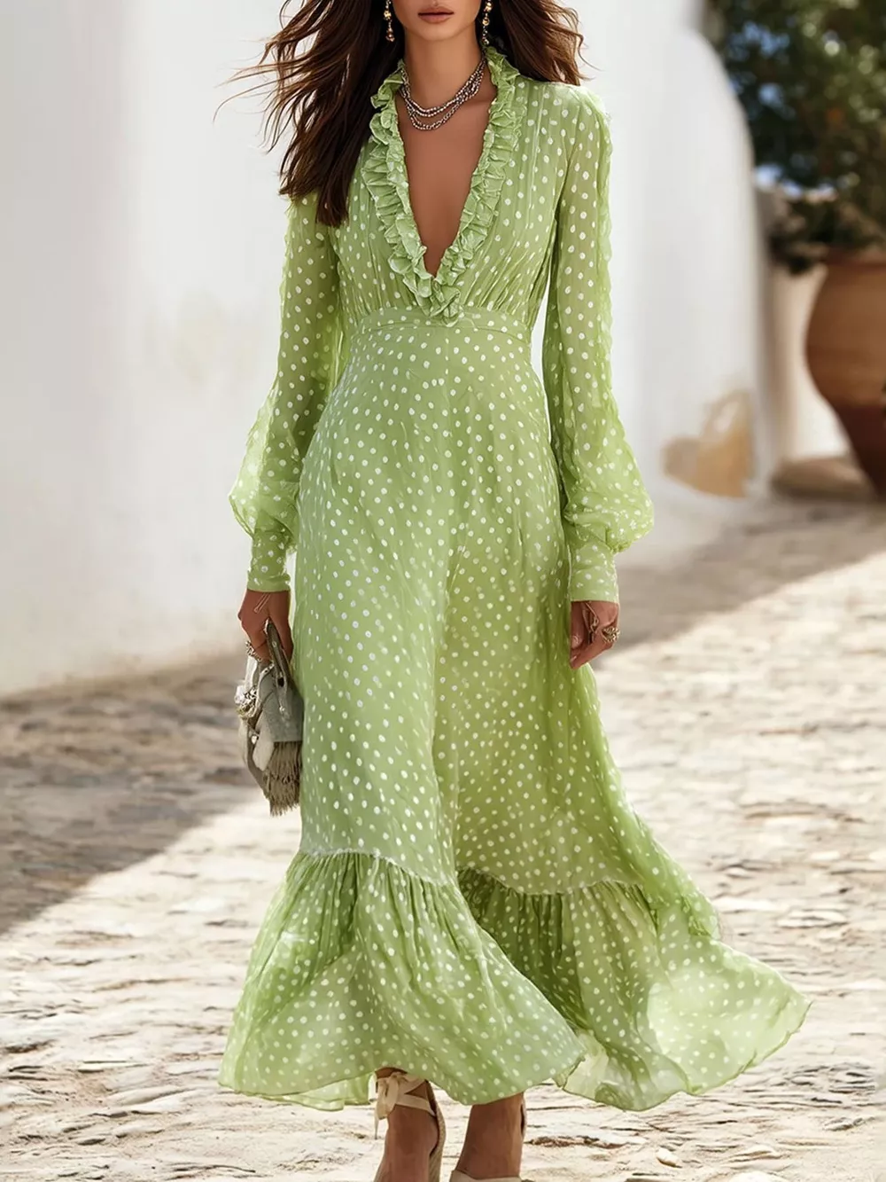 Full Size Polka Dot Ruffle V-Neck Maxi Dress Plus Size, image 5