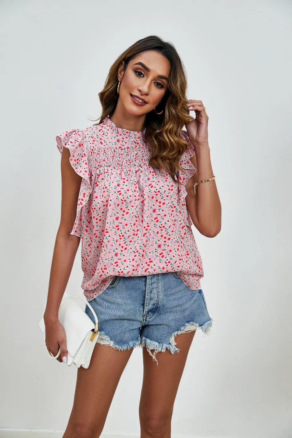 Ruffled Ditsy Floral Mock Neck Cap Sleeve Blouse, image 13