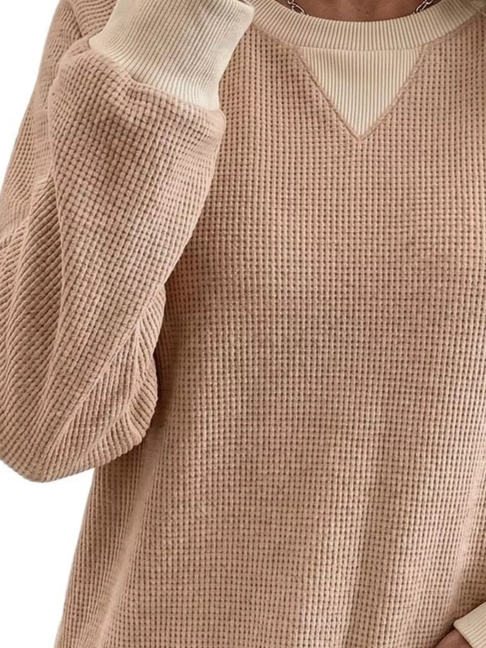 Waffle Knit Crew Neck Long Sleeve Sweatshirt, image 12