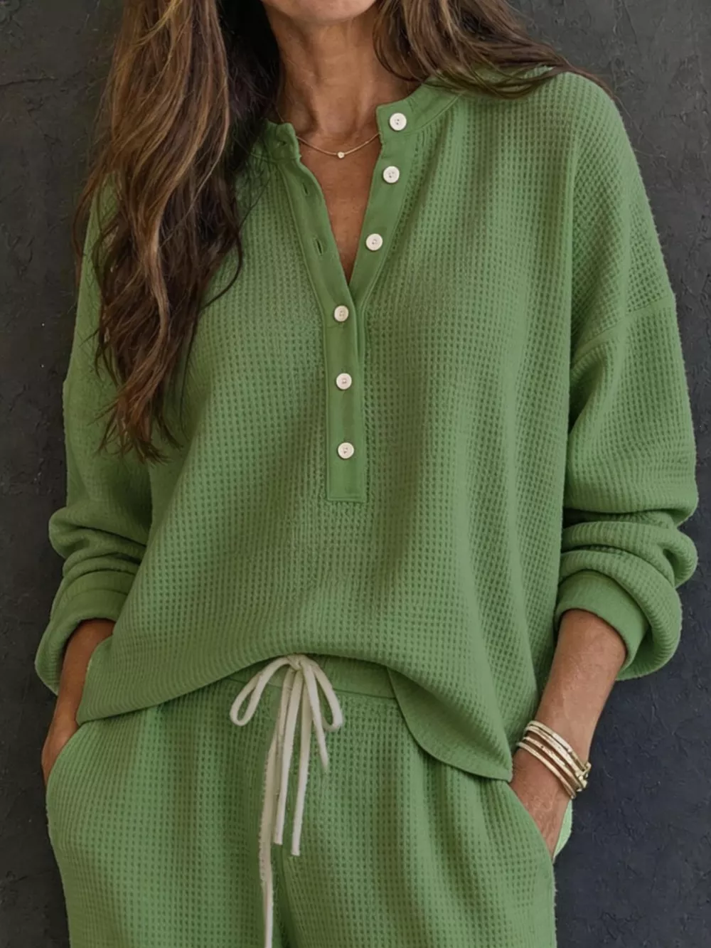 Waffle Knit Henley Top and Wide Leg Pants Set, image 14