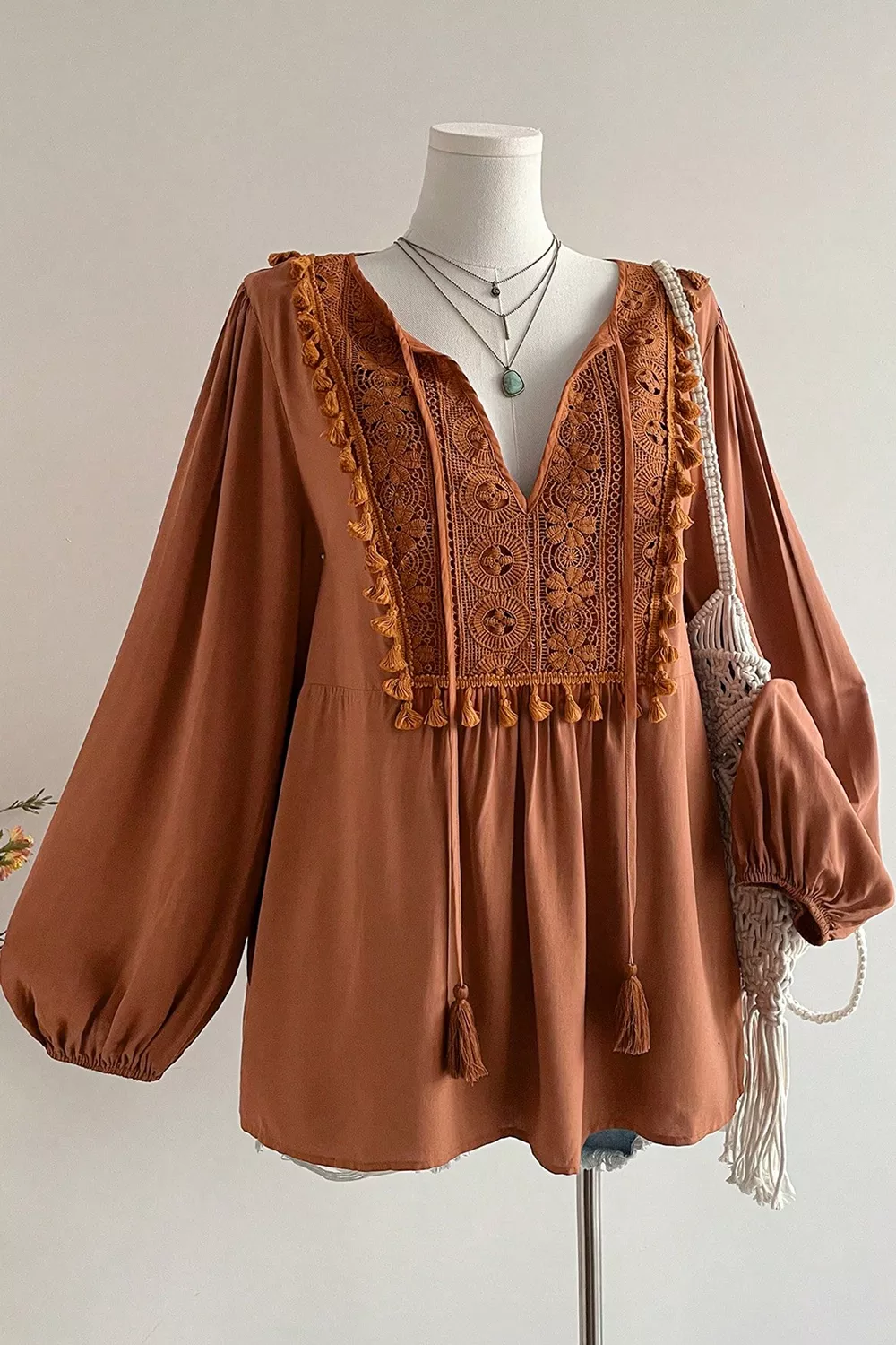 Plus Size V Neck Embroidered Tassel Long Sleeve Blouse, image 3