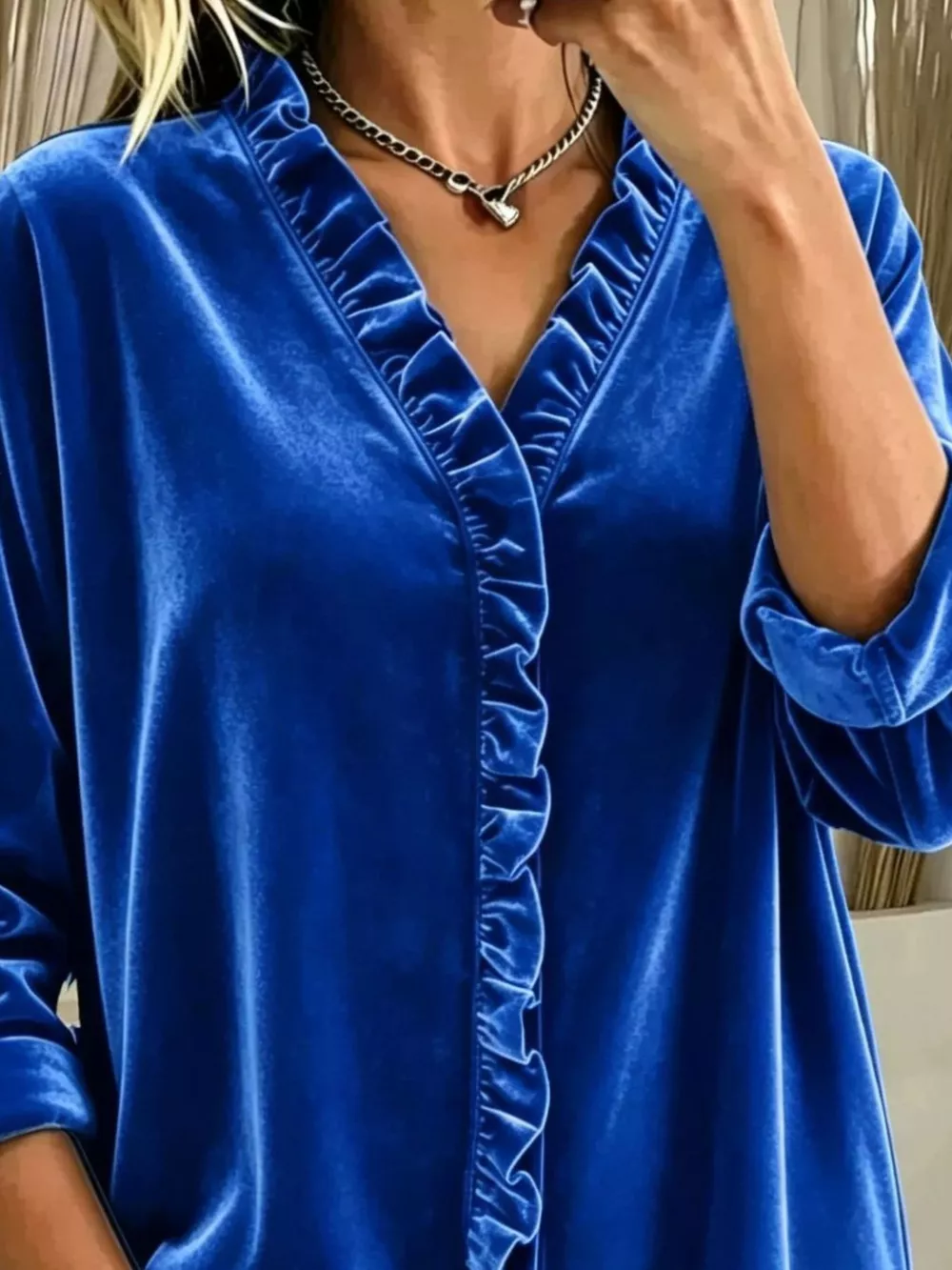 Velvet Frill V-Neck Blouse, image 3