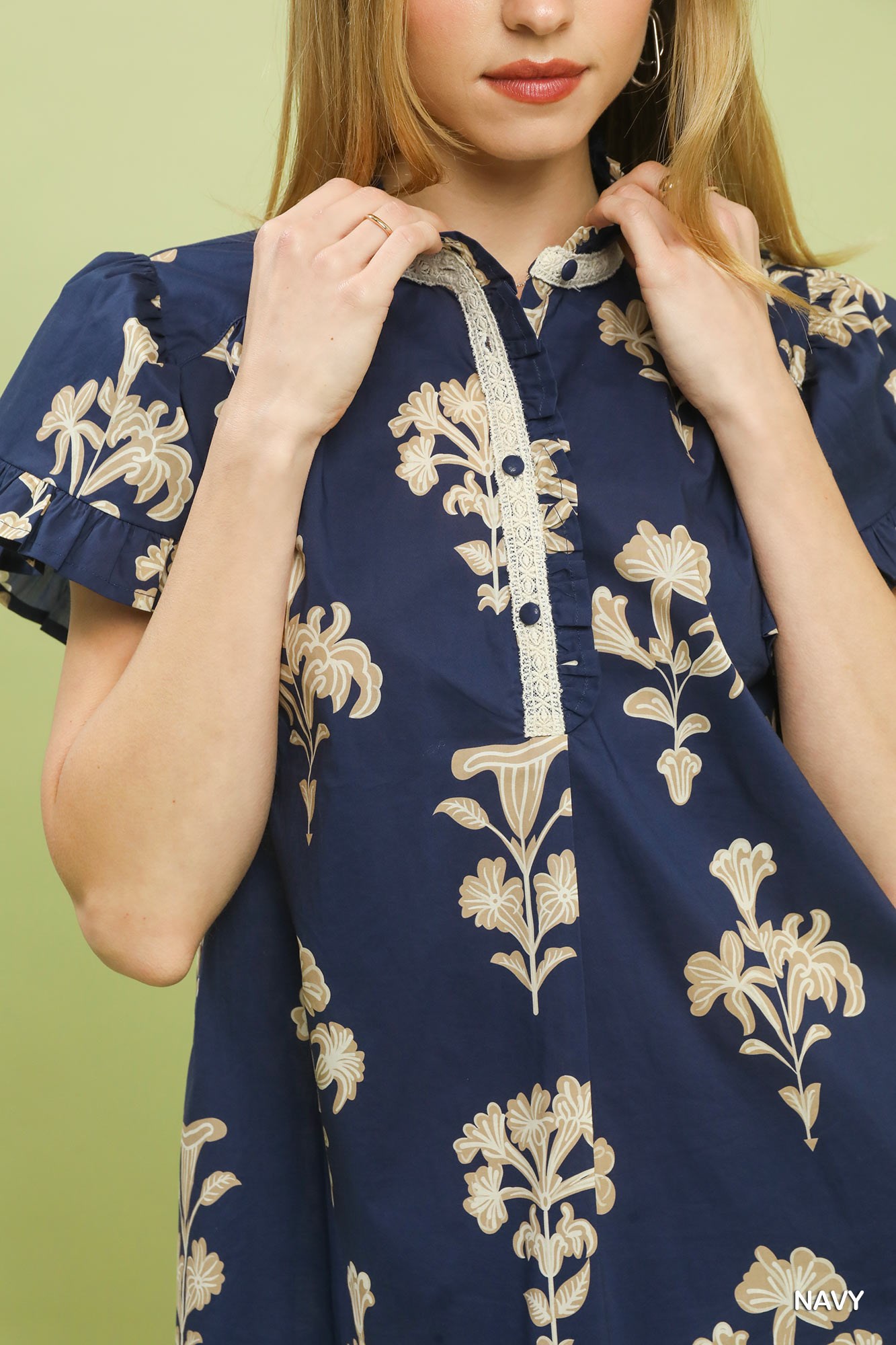 Floral Ruffle Sleeve Split-Neck Top, image 5