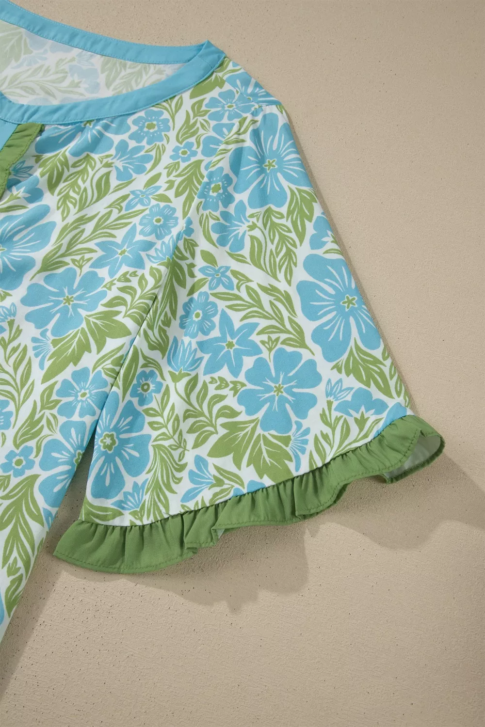 Floral Print Ruffled Color Block Trim Half Sleeve Blouse, image 7