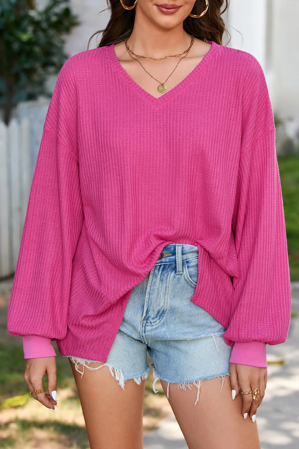 Waffle-Knit V-Neck Long Sleeve Top, image 12