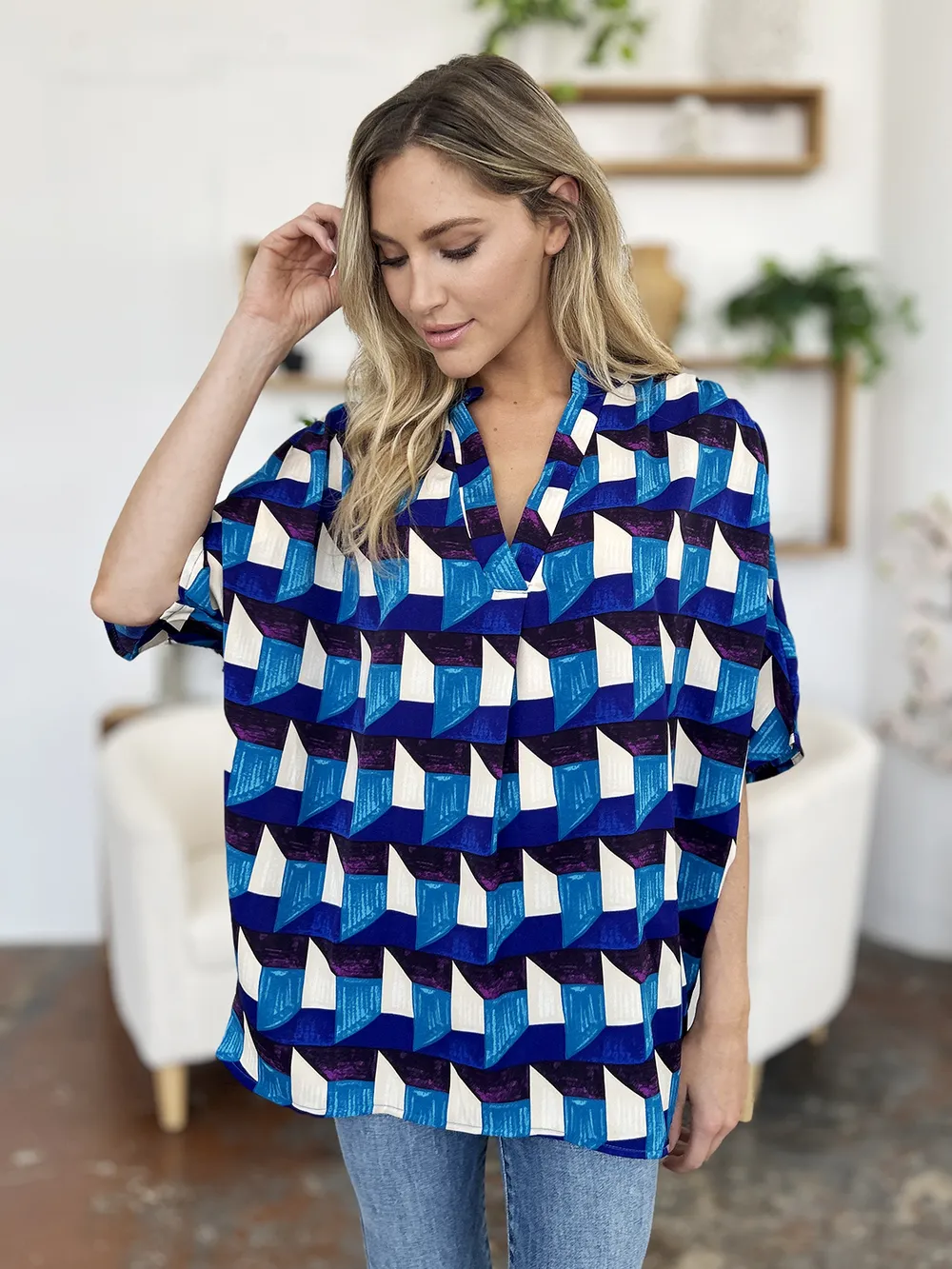 Full Size Geometric Notched Half Sleeve Blouse, image 15