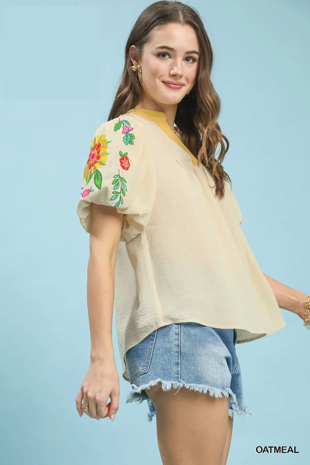 Embroidered Puff Sleeve Top, image 2