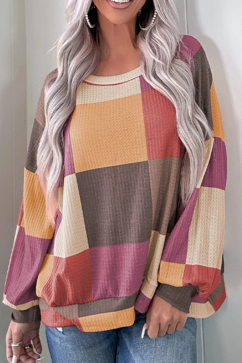 Color Block Round Neck Long Sleeve Top, image 3