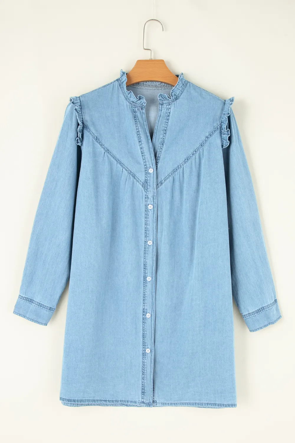 Button Up Notched Long Sleeve Denim Dress, image 4