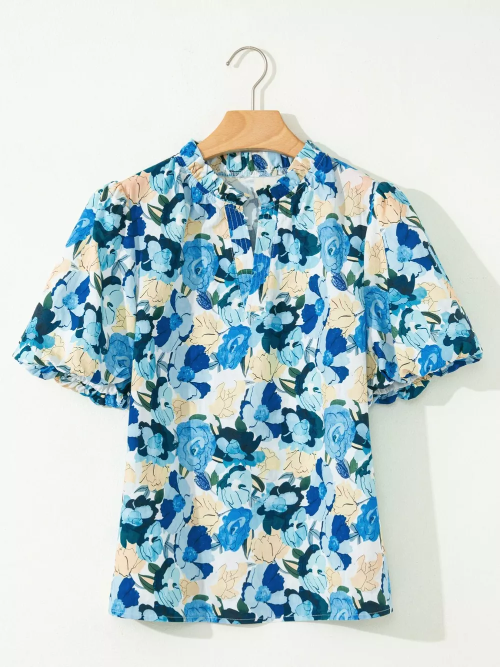 Floral Print Short Puff Sleeve V Neck Blouse, image 9