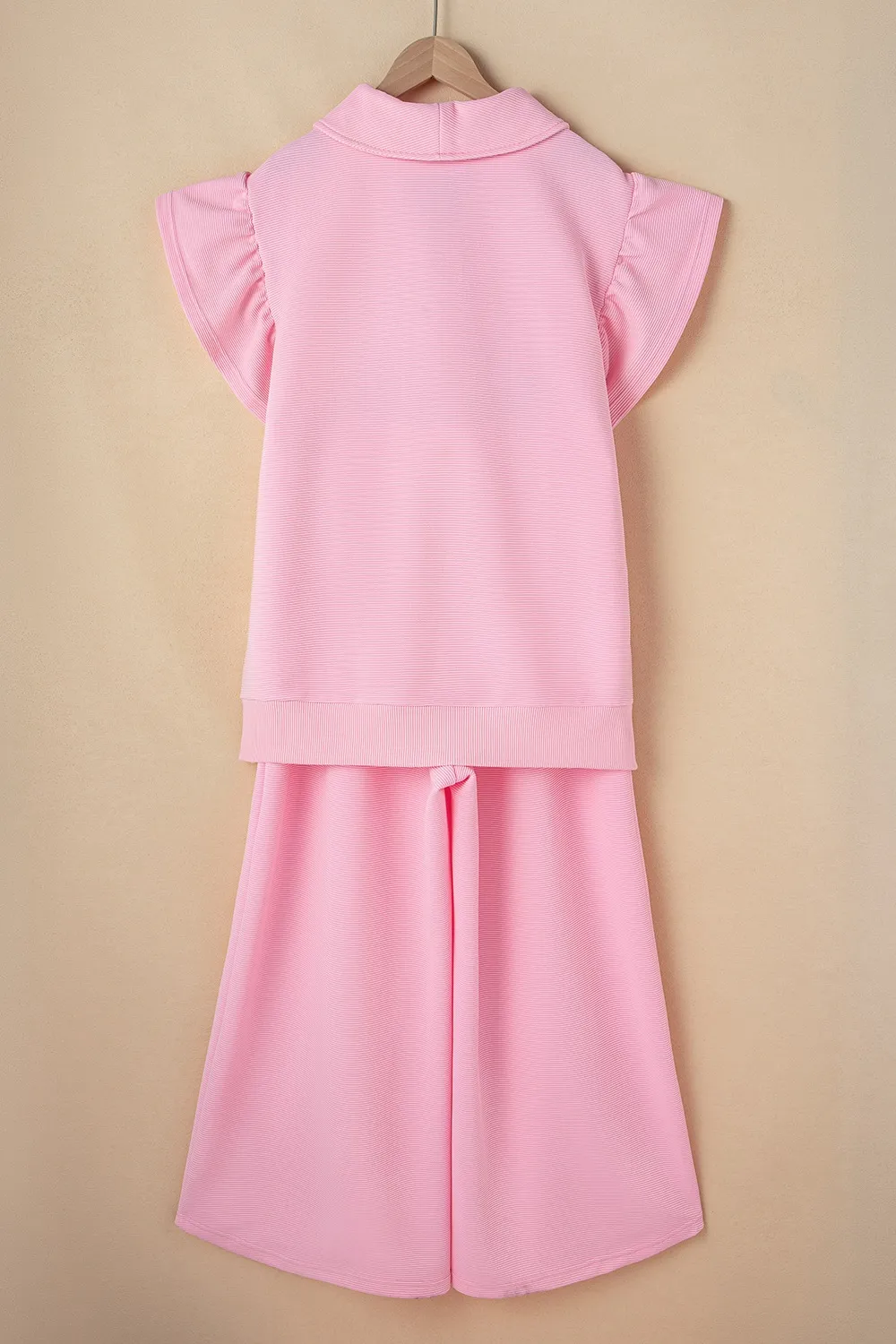Textured Ruffled Sleeve Zipped Top and Wide Leg Pants Set, image 19