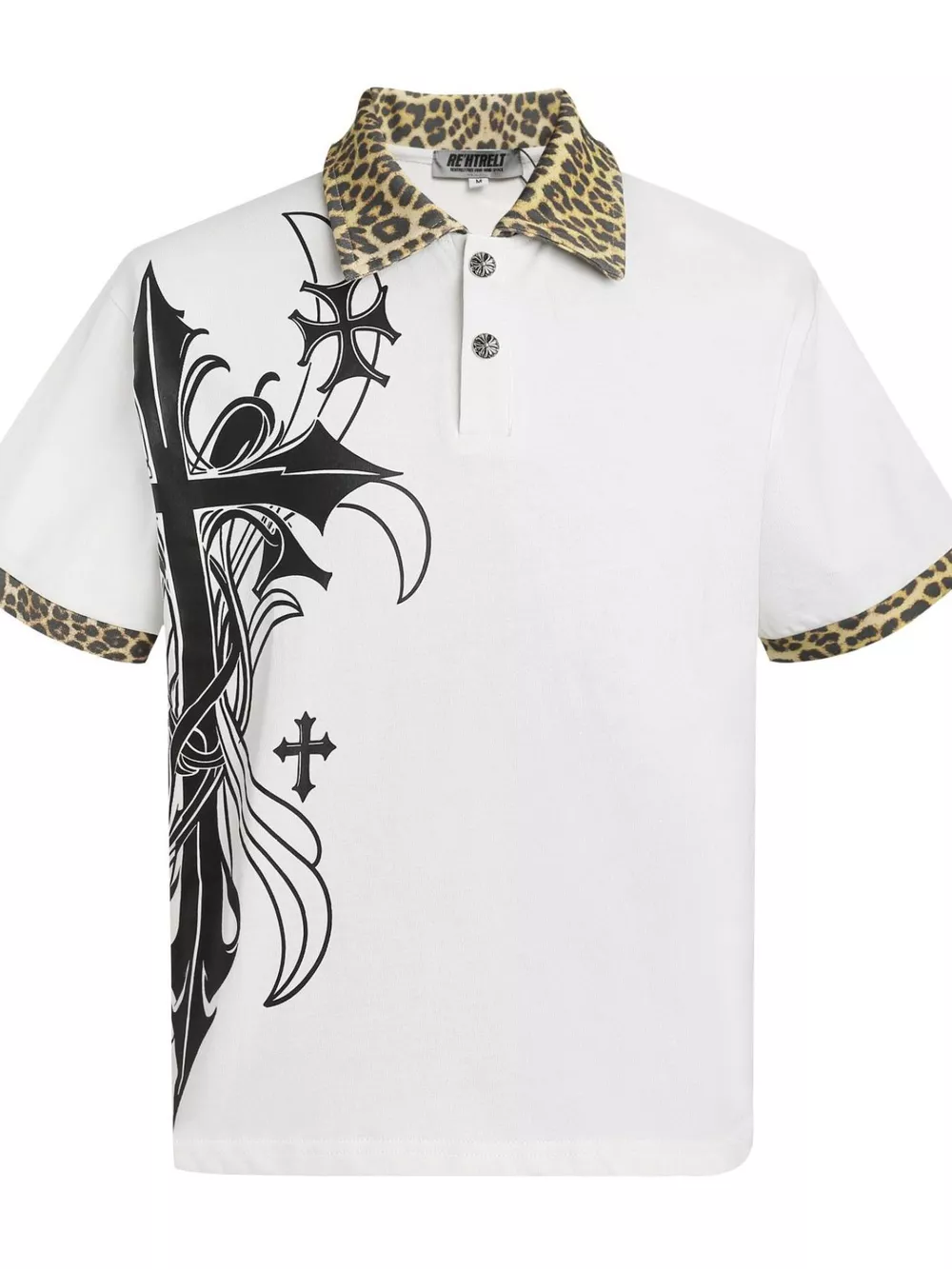 Men's Gothic Cross Print Polo with Leopard Collar