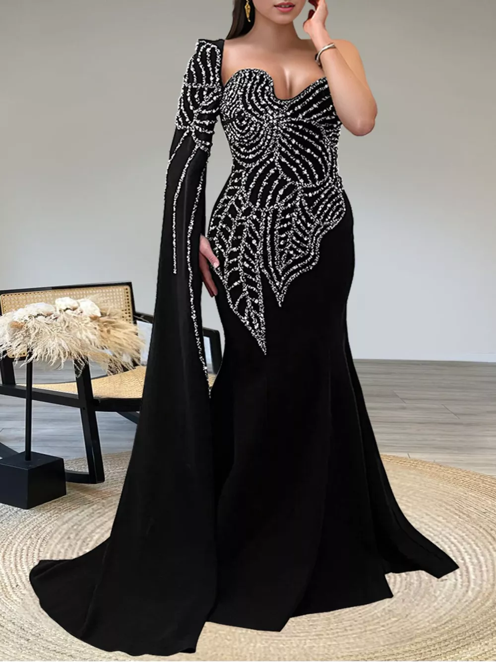 Rhinestone Pearl Detail One-Shoulder Mermaid Maxi Dress