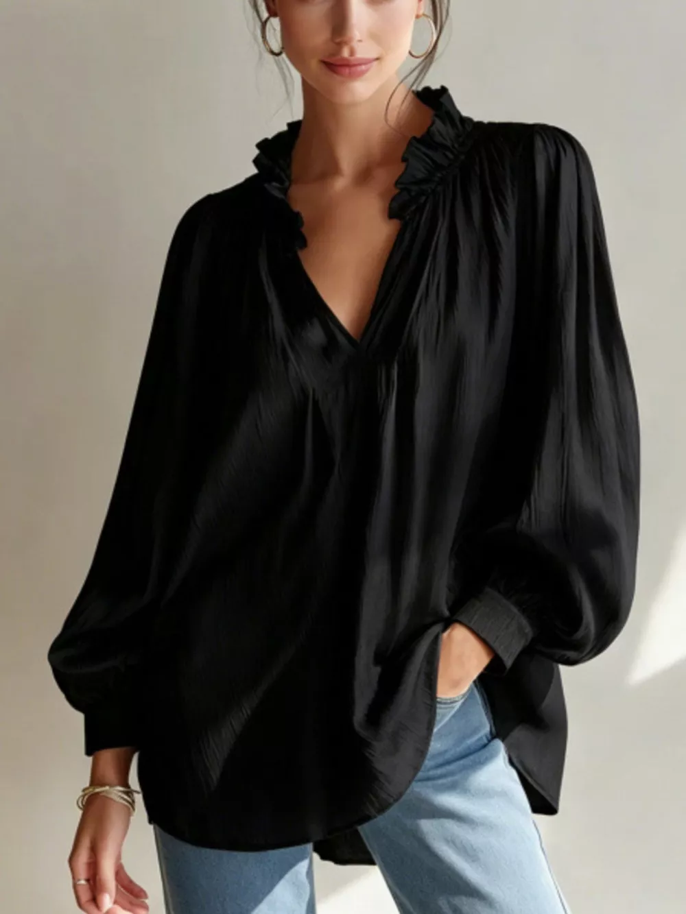Frill Notched Long Sleeve Blouse, image 7