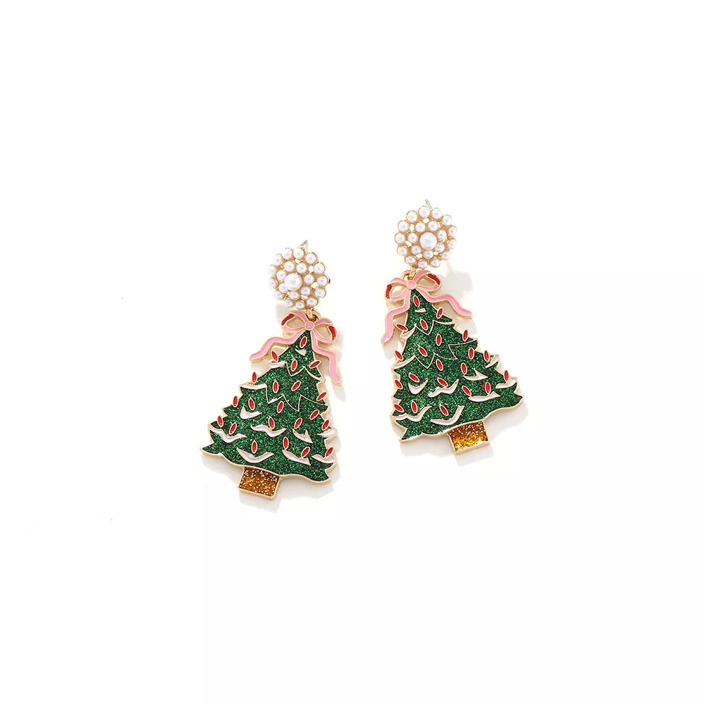 Christmas Tree Dangle Earrings with Pearl, image 3