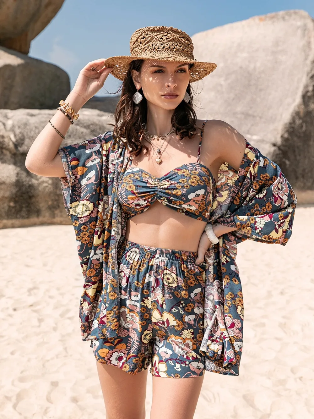 Printed Bra, Cover-Up and Shorts Set, image 4