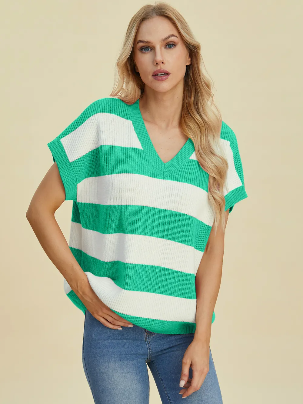 Full Size Striped V-Neck Short Sleeve Sweater, image 16