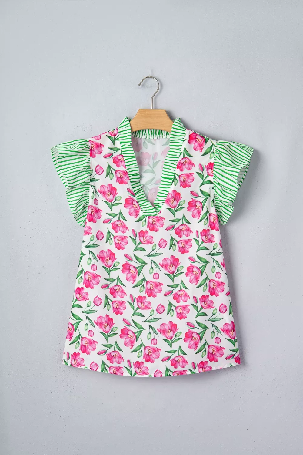 Floral Print Striped Ruffle Trim V Neck Blouse, image 5