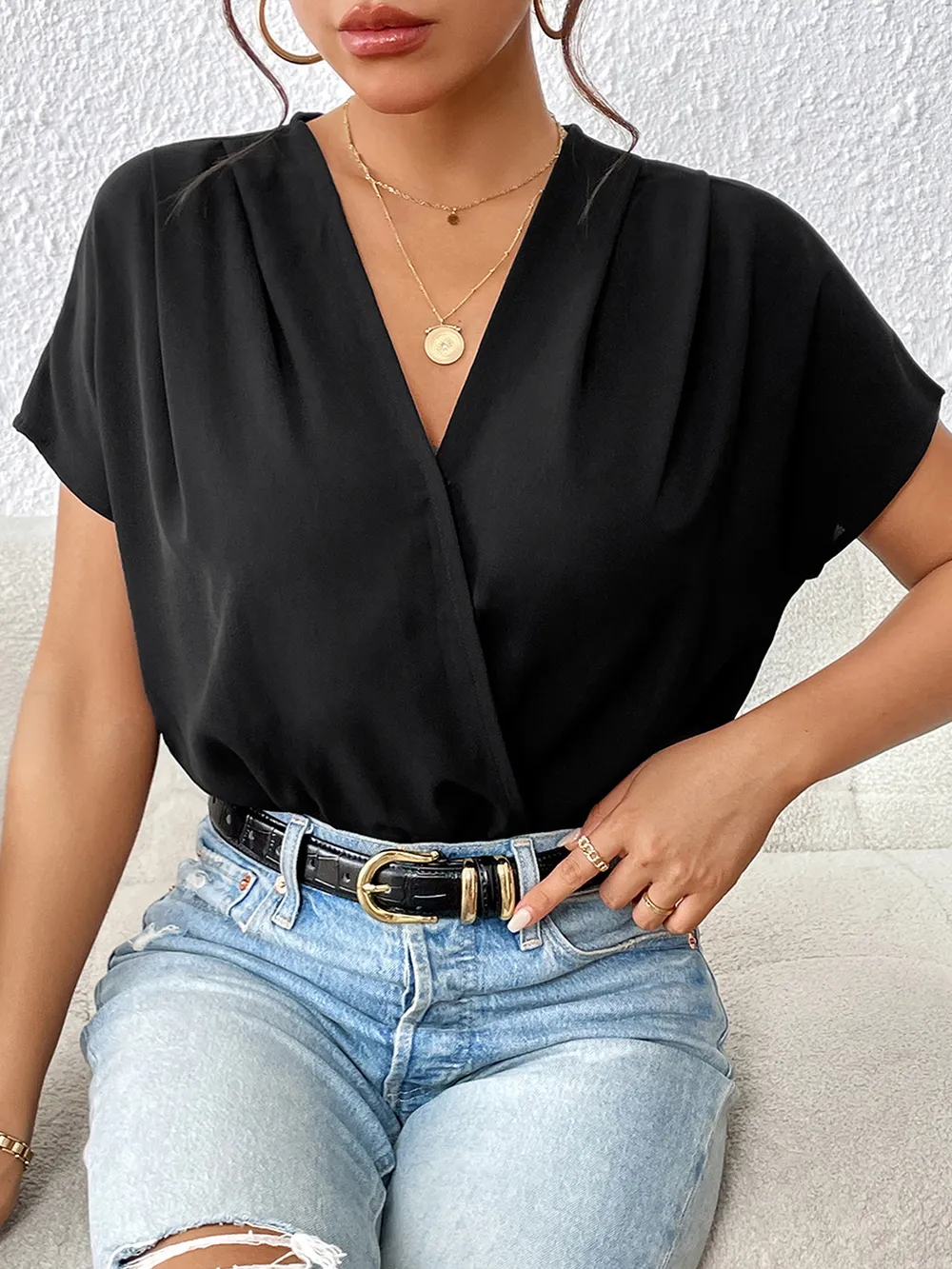 Surplice Short Sleeve Ruched Bodysuit, image 3