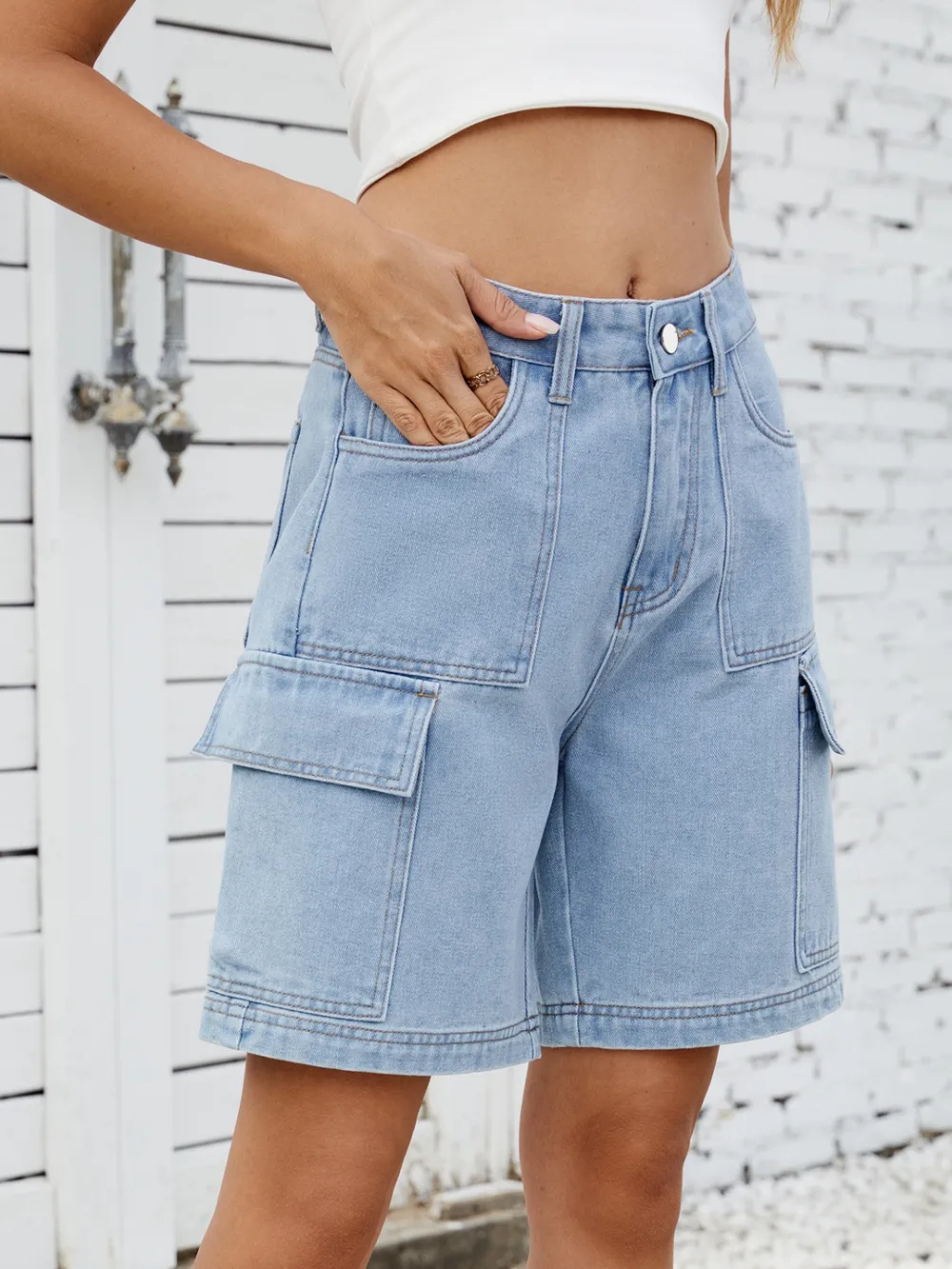 High Waist Denim Shorts with Cargo Pockets, image 9