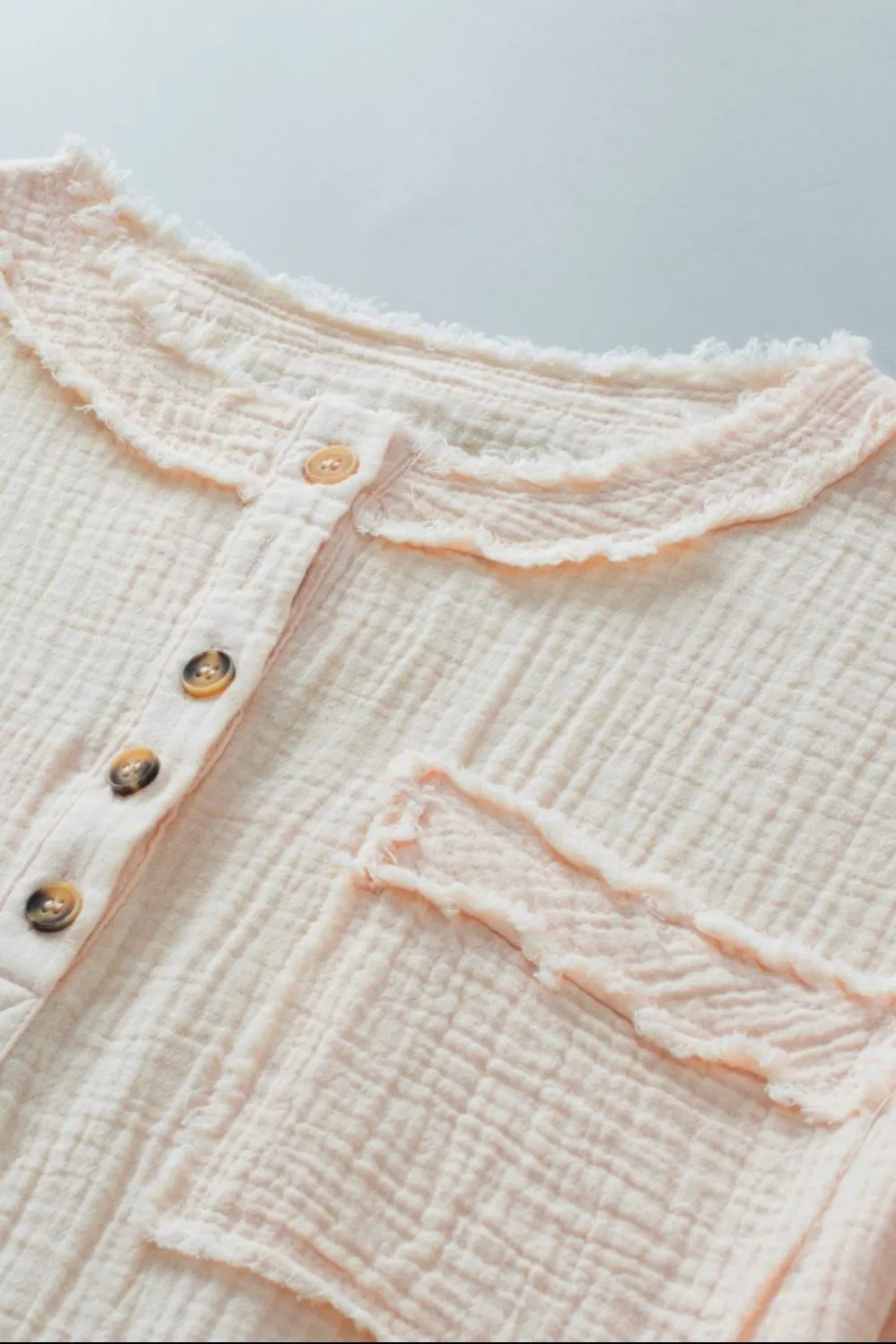 Textured Frayed Trim Half Button Short Sleeve Top, image 8