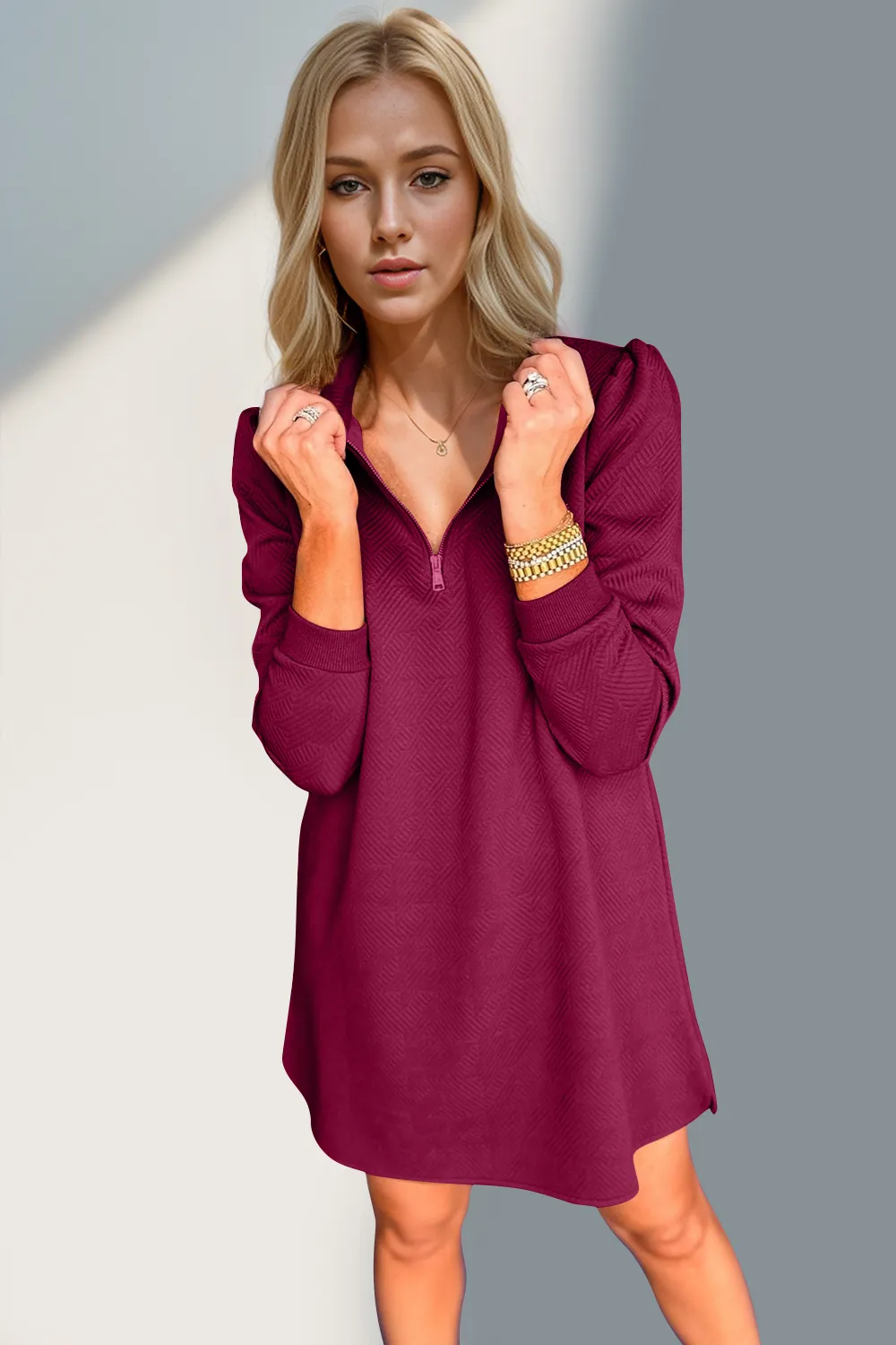 Textured Quarter Zip Long Sleeve Dress, image 11
