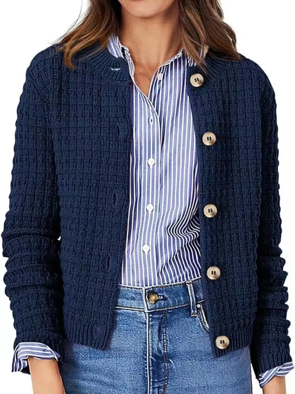 Button Up Round Neck Long Sleeve Cardigan, image 6