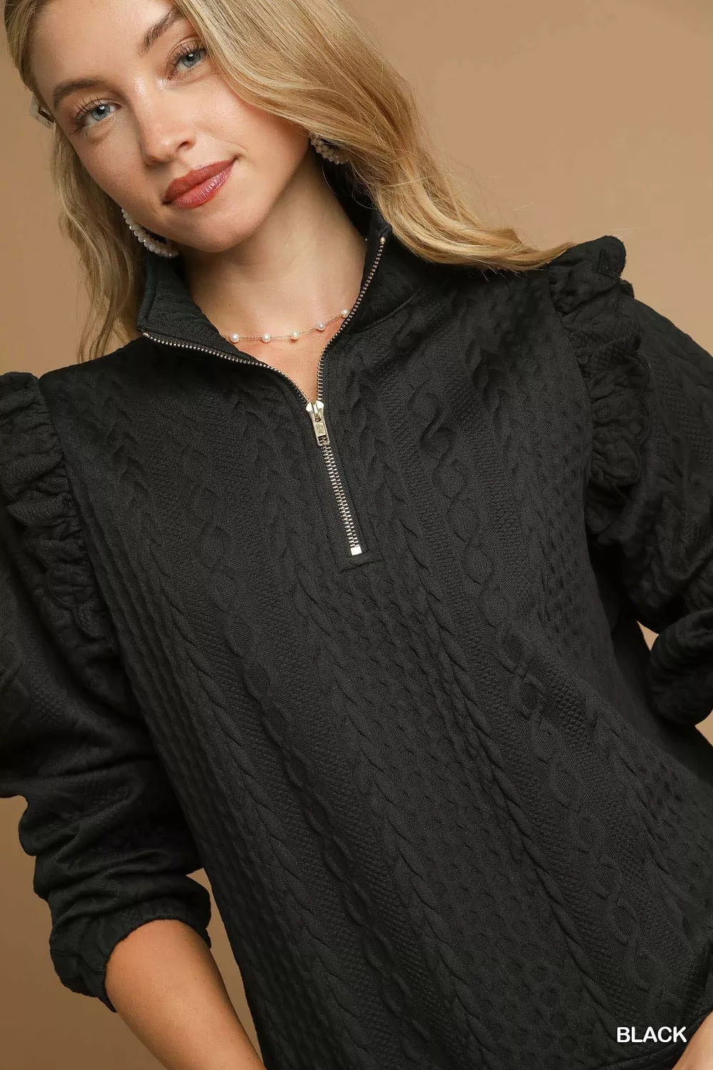 Cable Knit Textured Pullover with Ruffle Shoulders, image 3