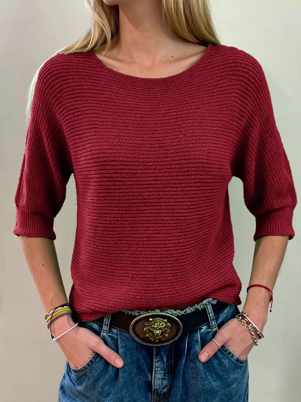 Full Size Ribbed Knit Round Neck Sweater Plus Size, image 14