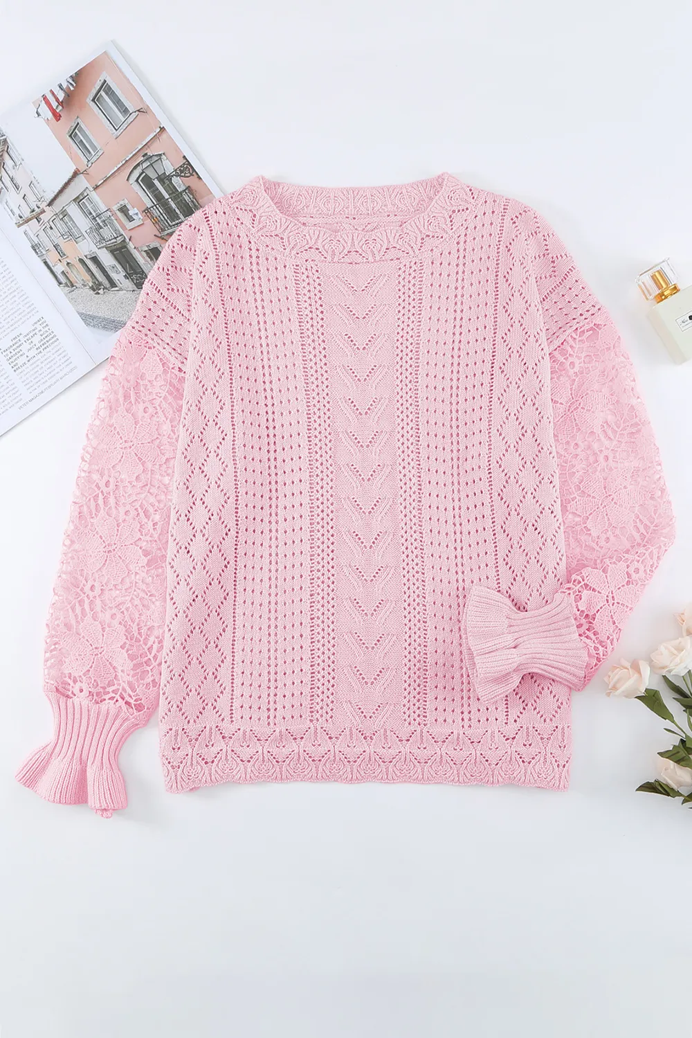 Openwork Round Neck Long Sleeve Sweater, image 15