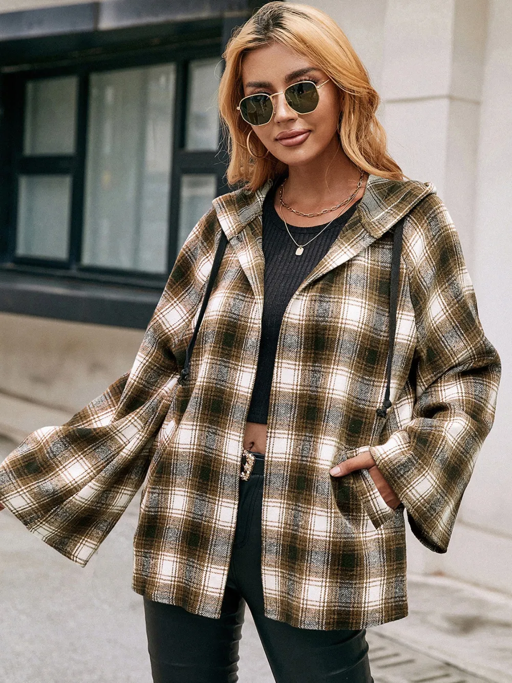Pocketed Plaid Long Sleeve Hooded Jacket, image 4